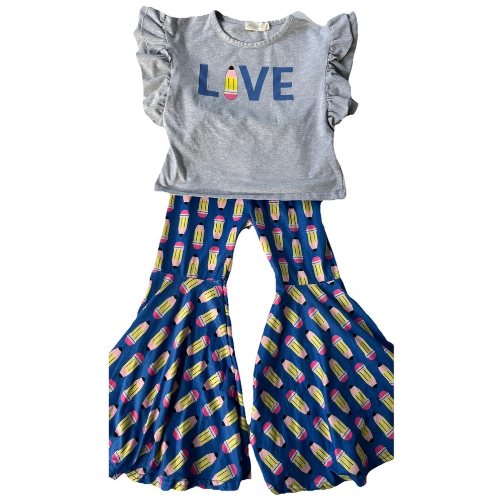 Marie Nicole Girls Love Pencil Ruffle Top Bell Bottom Pants Set Gray Blue XL